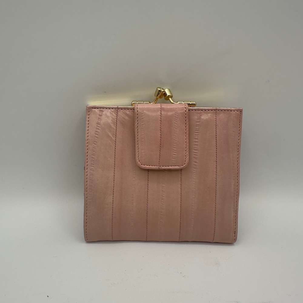 Vintage Eel Skin Leather Wallet Pink Kiss Lock Bifold NOS Unused Korea 80s 90s